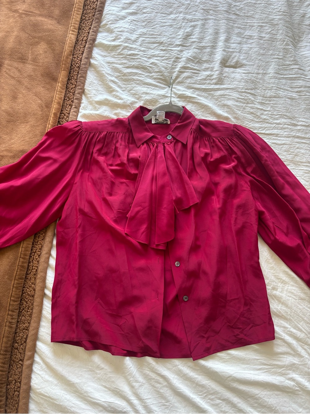 Vintage Christian Dior Magenta Tie-Neck Blouse shoulder pads